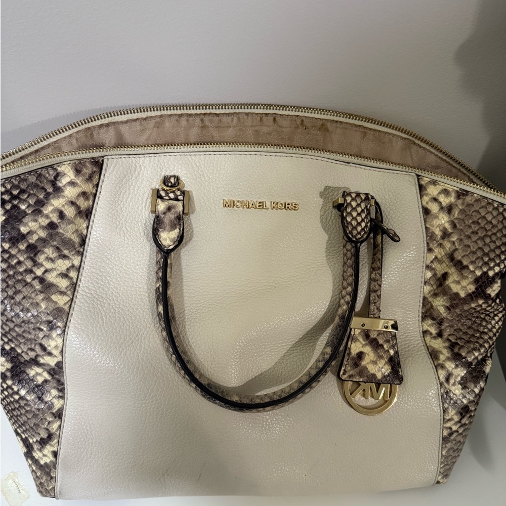 Michael Kors Cream and Brown Satchel with Snake Print